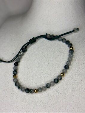 Indian moss agate Beaded adjustable bracelet with green and Gold accents